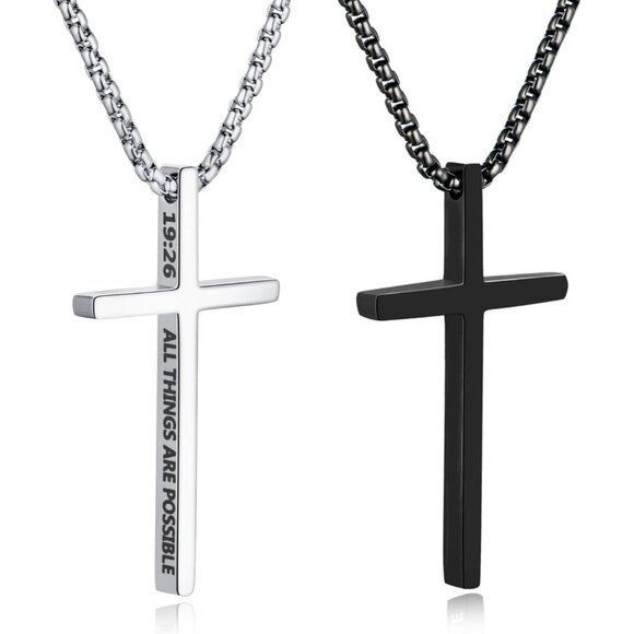 Men 22 Inches/2.5mm Silver/Black Stainless Steel Bible Verse Cross Pendant 2 Pcs - Picture 1 of 6